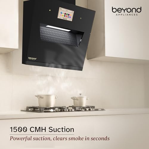 Image of Beyond Appliances Eris 60cm Auto Clean Slant Kitchen Chimney | 1500 CMH Suction | Filterless | Smart Touchscreen Display | Touch Control | Black | PAN INDIA SERVICE