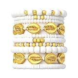 LEGENTLISUR 10 Pcs Beaded Bracelets Boho Bracelets Natural Stone Bracelet Crystal Bracelet for Women Gold Stretch Bracelets Women 14K Gold Stackable Bracelets Set Jewelry Gifts(White Gold)