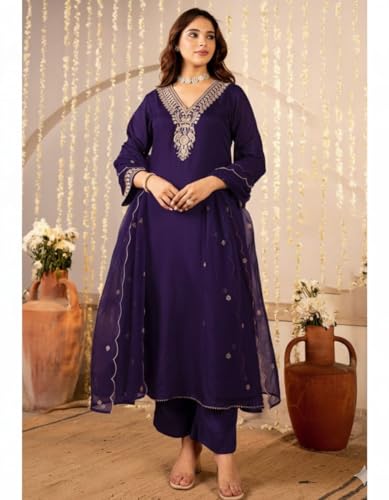 Image of Nermosa Women Embroidery Solid Anarkali Kurta and Pant Set with Dupattas