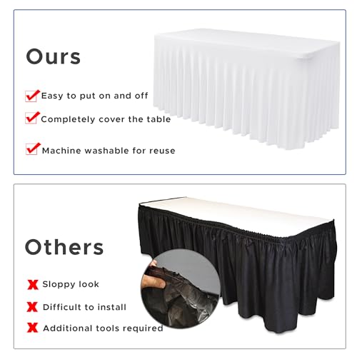 Image of White Spandex Table Skirt for 8 Foot Rectangle Tables 2 Pack 96x30 In | Stretch Fitted Table Covers, Wrinkle Free Ruffle Design Tablecloths for Wedding Banquets,Party, Banquet, Birthday, Events
