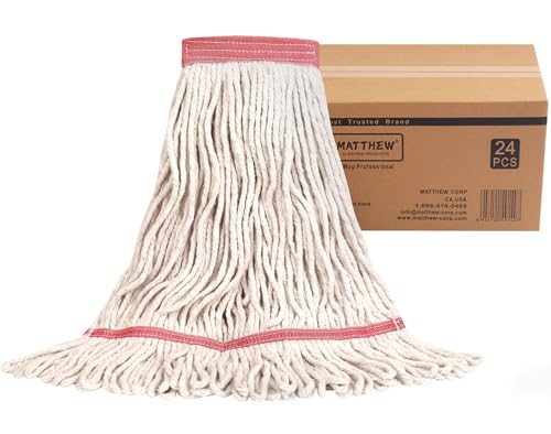 Image of MATTHEW CLEANING Heavy Duty Mop Head Commercial Replacement for General and Floor Cleaning, Wet Industrial Blue Cotton Looped End String Head Refill (Case of 24) White
