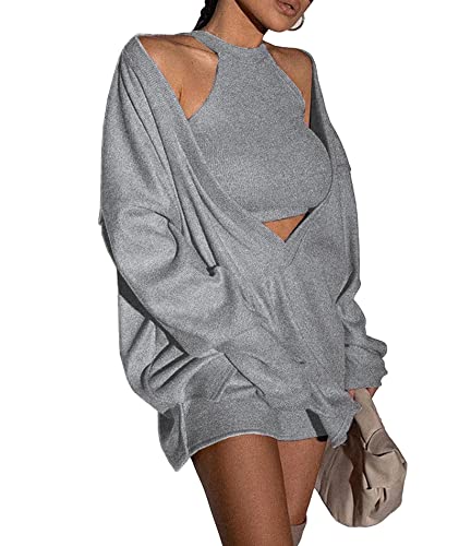 Image of ECDAHICC Women's Two Piece Outfits Knitted Halter Neck Crop Tank Tops and Oversized Off Shoulder Deep V Neck Pullover Sweater
