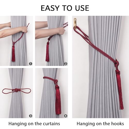 NICEEC 2 Pack Long Tassel Curtain Tiebacks European Style Decorative Drape Tie Backs Elegant Handmade Braided Rope Knot Curtain Holdbacks for Home & Office Window Drapery (Wine Red) - Thumbnail 5