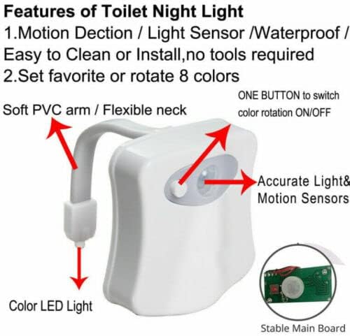 Toilet Night Light Motion Sensor, Inside Toilet Bowl Seat Light LED for Bathroom Washroom, PIR Motion Activated, 8 Color Changing, Battery Operated(Battery not Included) Pack of 2