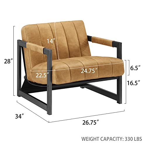 Art Leon Genuine Leather Accent Chair, Mid Century Modern Arm Chair With Black Metal Frame, Single Sofa Chair For Living Room Bedroom, Light Brown #TOP1