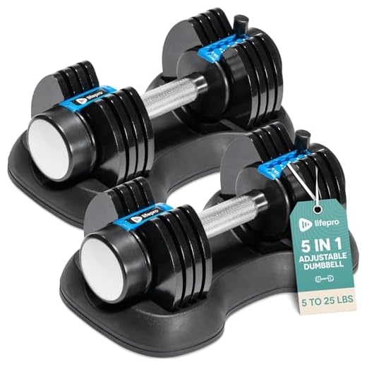 LifePro Adjustable Dumbbell Set Pair, 5-in-1 Adjustable Free Weights Plates and Rack - Hand Weights for Women and Men - Dumbbells Set with (25-50 Pounds Double)