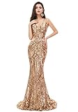 Ikerenwedding Women's V-Neck Sequins Sleeveless Lace-up Mermaid Evening Dress (US10, Champagne Gold)