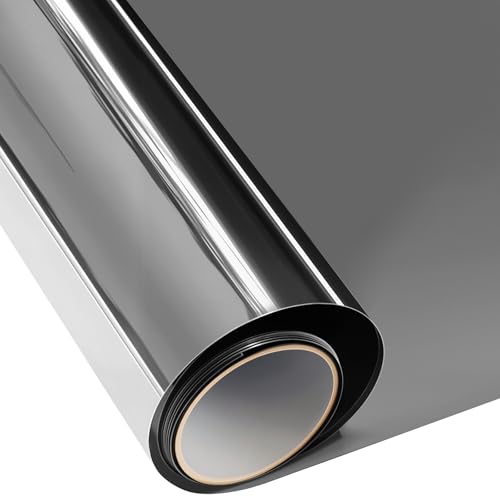ConCus-T One Way Window Film Heat Control Sun Blocker Anti Glare Blackout Window Tint Film Mirror Effect Film UV Solar Film Static Cling Covering, Black Silver, 44.5 x 200cm
