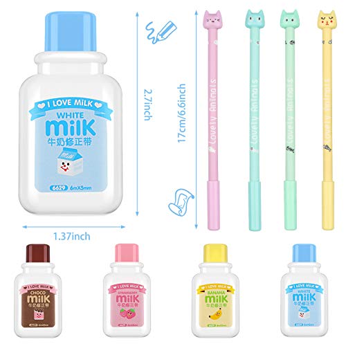 Zonon 4 Pieces Milk Bottle Style Correction Tape Writing Correction Tape Eraser And 4 Pieces Cute Cartoon Cat Pens Black Writing Gel Ink Pen For Kids Students, School Stationery Office Supplies #TOP1