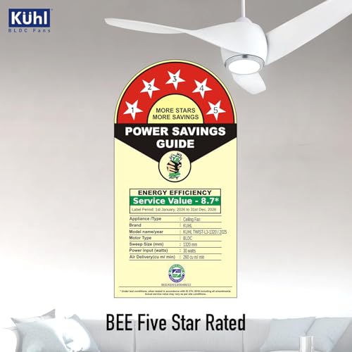 Image of KUHL Twist L3 1320 mm 65% Power Saving BLDC Ceiling Fan | BEE 5 Star Rated & ISI Marked | High Air Flow|5Year Warranty on Motor By Brand | Free Installation | IoT - Operate via Mobile & Alexa | White