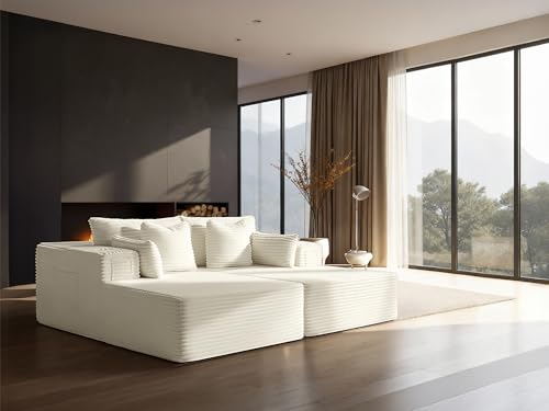 Image of 72 inch Cloud Sectional Couch, Comfort Sleep Sofa for Living Room, Extra Deep Seats No Assembly, Minimalist Modular Couch, Corduroy (Cream, Loveseat Chaise)