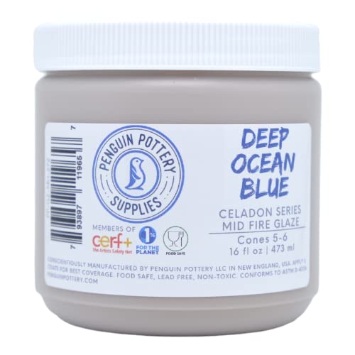 Penguin Pottery - Celadon Series - Deep Ocean Blue - Mid Fire Glaze, High Fire Glaze, Cone 5-6 For Mid Fire Clay, High Fire Clay - Ceramic Glaze Pottery (1 Pint | 16 Oz | 473 Ml) #TOP4