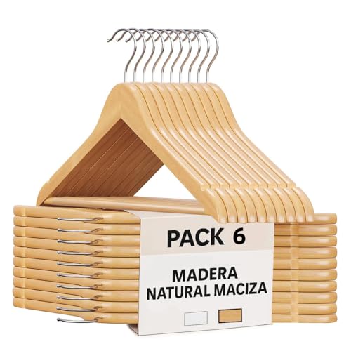 ACCRUX-Perchas de Madera Color Natural, Colgador Antideslizante con Barra para Pantalones y Trajes, Gancho Giratorio 360º y Muescas Antideslizantes para Vestidos y Blusas. (Madera, 6 Unidades)