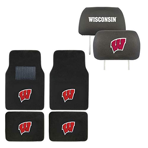 AAC FANMATS NCAA Carpet Floor Mats Bundle with Head Rests for Wisconsin Badgers Fans Officially Licensed(6 Items)