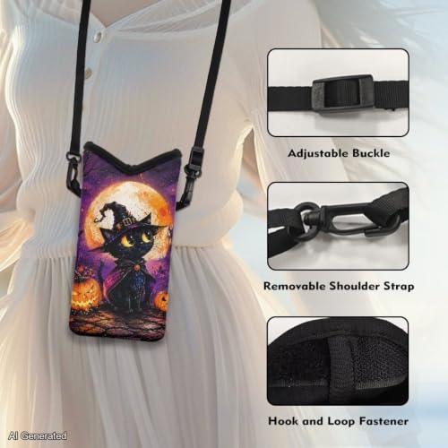 Image of Small Crossbody Bag for Women Men Waterproof Neoprene Phone Pouch with Shoulder Strap Mini Travel Bag for Cellphone Keys Lipstick, Wizard Cat Moon Pumpkin Violet