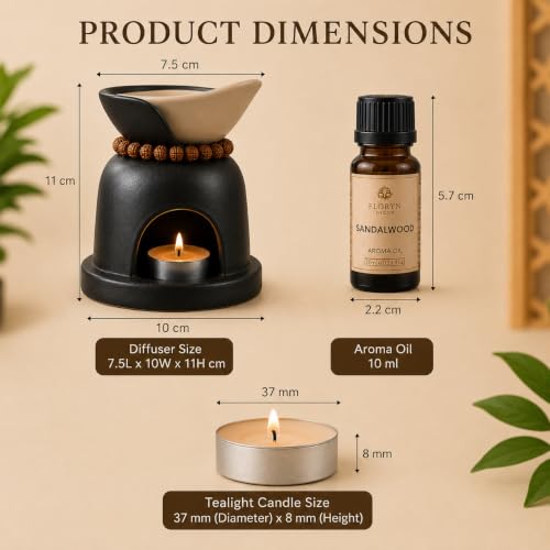 Image of Floryn Decor Divine Aroma Diffuser Gift Set, Ceramic Oil Burner with Rudraksha Mala, 2 x 10ml Aroma Oils (Sandalwood & Lemongrass), 2 Unscented Tealight Candles for Home Decor