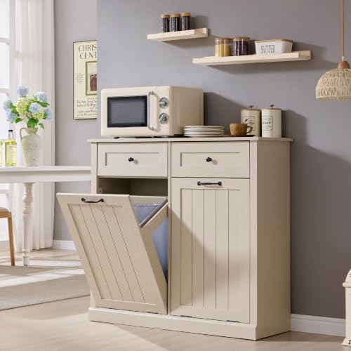 Image of IFBUY Double Tilt Out Laundry Hamper Cabinet, Trash Cabinet, Cream