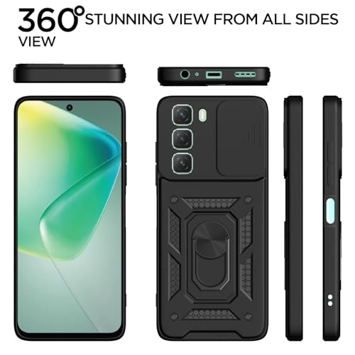 Image of Pikkme Back Cover for Infinix Hot 50 5G | 360 Protection Case | Sliding Camera Shield Cover & Ring Holder Stand D10 Tough Armor Bumper Case (Black)