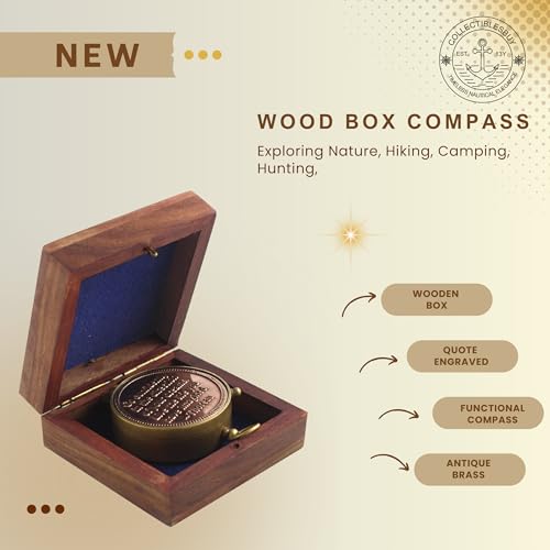 Brújula magnética de latón sólido con caja de madera estilo antiguo, decorativa náutica con dial de cobre grabado miniatura 5