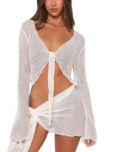 Women's 2 Piece Outfits See Through Tie Front Lettuce Trim Bathing Suit Coverups Beach Cover Up