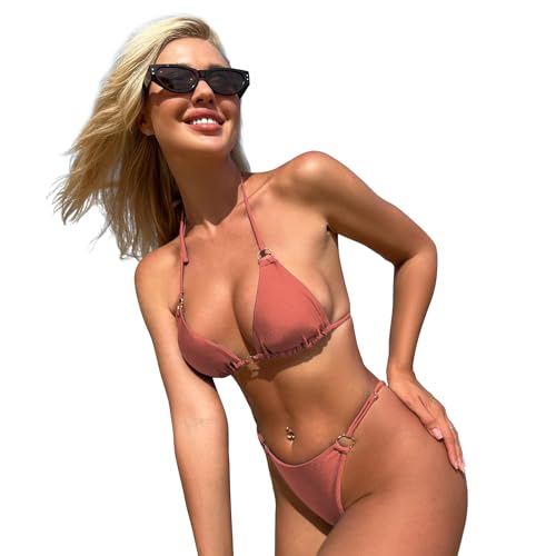 Image of MIKETAI Sexy Bikinis for Women 2 Piece Bikini Spaghetti Strap Swimsuits Solid Color Bathing Swimwear Triangle Bathing Suit