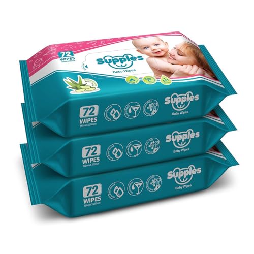 Amazon Brand - Supples Baby Wet Wipes | 216 Wipes | 72 Wipes x 3 Packs | Enriched With Aloe Vera and Vitamin E | Alcohol-free and Paraben-free | Pure Water-Based Formulation