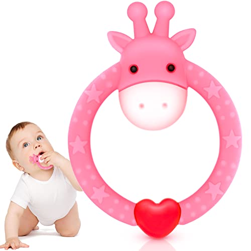 Share&Care Bpa Free 2 Silicone Giraffe Baby Teether Toy With Storage Case, For 3 Months Above Infant Sore Gums Pain Relief And Baby Shower, Set Of 2 Different Teething Toys (Pink) #TOP2