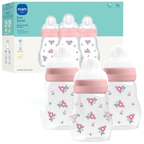 Image of MAM 6oz Premium Glass Wide Neck Baby Bottle with Slow Flow Breastfeeding-Like Silicone Nipple, Easy to Clean,BPA Free, 0+ Months, Easy Switch Between Breast and Bottle, Made in Europe, 3 Pack Girl