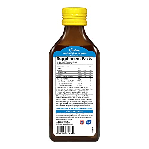 Carlson - Kid's The Very Finest Fish Oil Liquid, 800 Mg Omega-3S, Norwegian, Wild-Caught Fish Oil, Omega 3 Liquid For Kids, Sustainably Sourced, Lemon, 200 Ml #TOP1