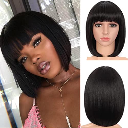 Sotica 12 Inches Short Straight Bob Wigs with Flat Bangs Yaki Synthetic Natural Looking Heat Resistant Full Hair Wigs for Women Girls (Darkest Brown)