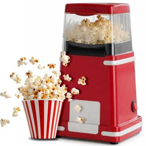 BAKAJI Macchina per Popcorn ad Aria Calda 1200W Potenza con Dosatore Cucchiaino Incluso, Popcorn Machine Design Retrò Facile da Usare One Touch Pronti in 3 Minuti, Perfetta per Feste e Serate Cinema