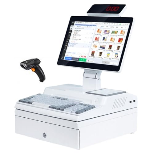 Lapakey レジスター 電子キャッシュ 14.1インチタッチスクリーン、キャッシュボックス、キーボード、内蔵58mmプリンター、POSシステムキャッシュレジスターパッケージ 中小企業/小売/レストラン向け多機能レジ (ホワイト(英語版),タッチモデル-