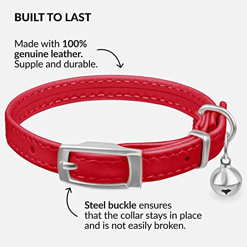 Image of CollarDirect Leather Cat Collar with Bell - Kitten Collar, Small and Big Cat Collar for Boy Cats, Girl Cats with Safety Elastic Strap (Neck Fit 8 inch-11 inch, Red)