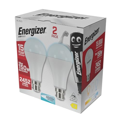 Energizer B22 Bayonet LED Bulb 150W, Daylight, 150 Watts Equivalent, 6500K 18W BC GLS, Light Bulbs, Energy Saving, 2452 Lumen, Non-Dimmable, Extra Bright, Pack of 2
