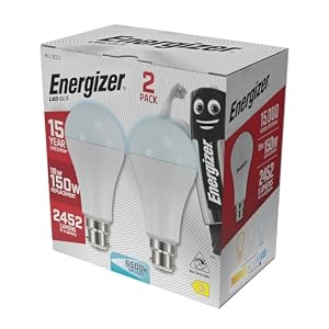 Energizer B22 Bayonet LED Bulb 150W, Daylight, 150 Watts Equivalent, 6500K 18W BC GLS, Light Bulbs, Energy Saving, 2452 Lumen, Non-Dimmable, Extra Bright, Pack of 2