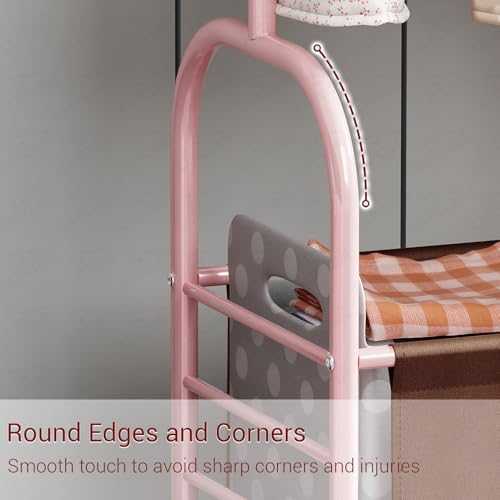 Image of Lukzer | MGR-009 | Pink | Metal Clothes Rail Stand with 360 Rotating Wheels & Leather Storage Bin - 4 Hook Garment Rack Organizer for Bedroom, Closet, Laundry Room, Dormitory | 171 x 75 x 35 cm