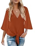 Bluetime Summer Tops for Women 2025 V Neck Tie Front Short Sleeve Blouses Boho Clothes Red Brown XXL
