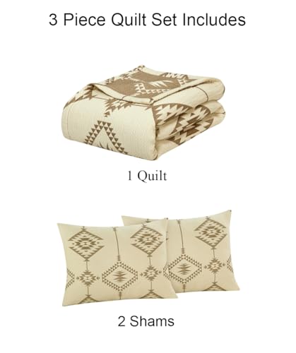 Image of ROYALE LINENS Full /Queen size 3 pc Quilt Set - Lightweight 100% Microfiber Quilted Set - Printed Bedspread - Quilted Blanket Thin Comforter -Bedding Coverlets for All Seasons (Taupe, 1 Quilt - 2 Sham)