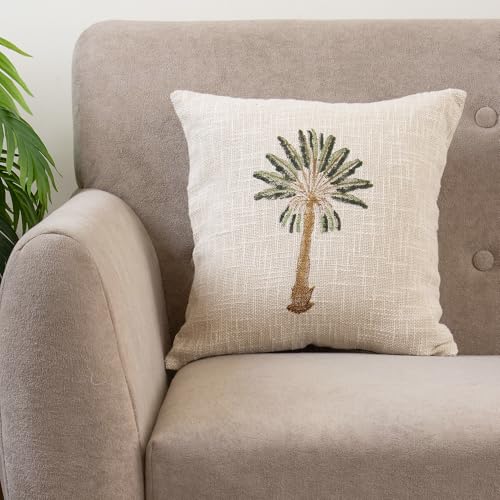 Image of Premium Palm Tree Cotton Jute Square 16x16 Inch Cushion Cover 40x40 cm Throw Pillow Covers for Living Room Couch Diwan Sofa, Beige (Set of 2)