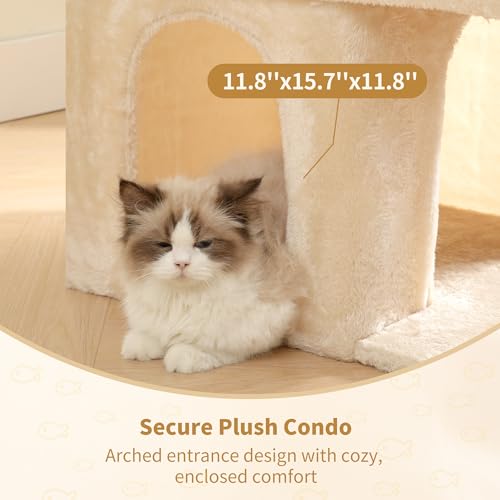 Heybly Kratzbaum, 35 cm Hoher Katzenbaum mit Großem Ruhebett und Gemütlichem Katzenhaus für Erwachsene Katzen, Inklusive Kratzpfosten und Interaktivem Plüschball, Beige HCT203SM