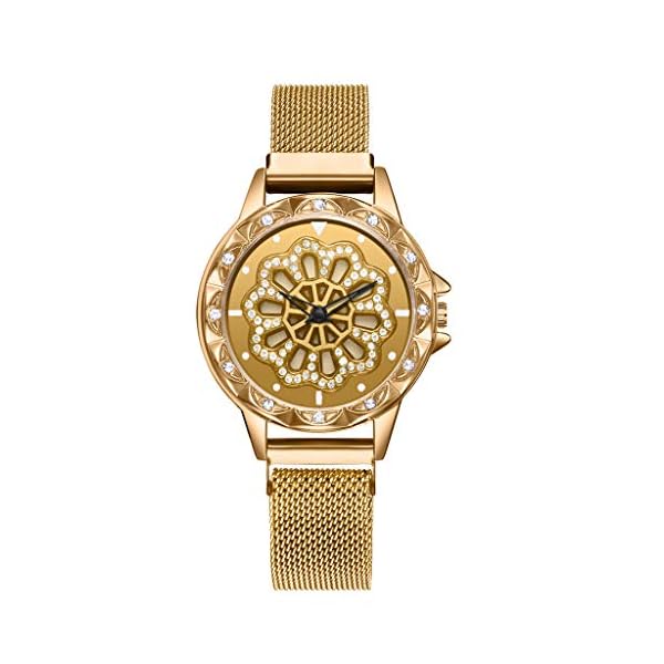 TWISFER Armbanduhr Frauen Analog Quarzuhr Edelstahl Mesh Armband 360 Rotation Drehen Uhr Blumen Uhr Damen Diamant Deko Damen Sternenhimmel Uhr Glitzer Modische Uhren Damen