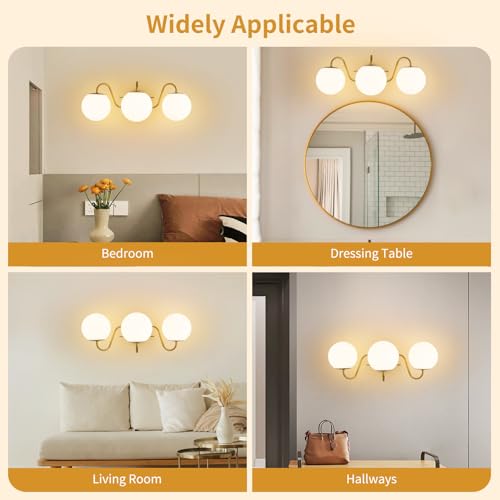 Image of Vintage Brushed Gold Bathroom Vanity Light Fixtures Over Mirror 3 Lights