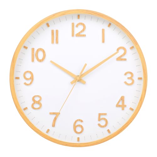 Moiubik Wall Clocks Battery Operated 8 inch Modern Wall Clock,Silent Non Ticking Wall Clock for Living Room Bedroom Kitchen Office Classroom Decor (Wood Grain Yellow White)