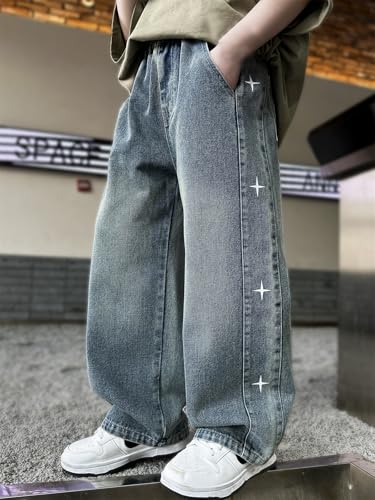 SANGTREE Boy's Jeans Elastic Waist Loose Denim Pants, 3-12 Years3