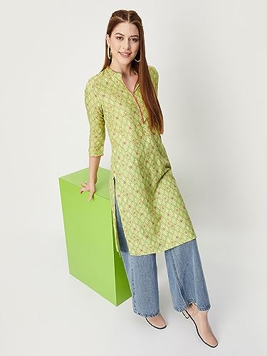 Image of Max Women Rayon Regular Fit Printed Regular Kurta with Contrast Piping