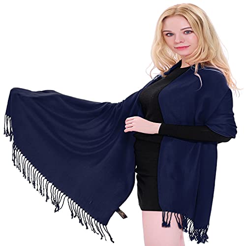 CJ Apparel Navy Blue Dark Blue Solid Color Tassels Design Nepalese Shawl Seconds Scarf Wrap Stole Throw Head Wrap Pashmina Hand Made in Nepal New2