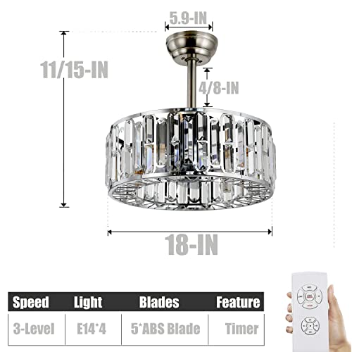 Fandian 18" Industrial Caged Ceiling Fan With Light,Bladeless Fan With 3 Speeds, Farmhouse Crystal Fandelier With Remote Control, Chrome Silver Chandelier Fan For Dining Bedroom #TOP2