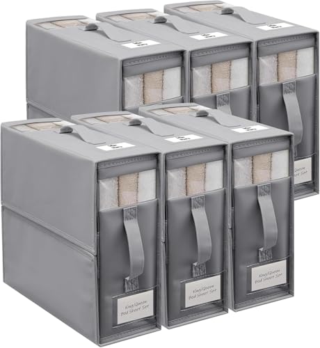 Trintion Lot de 6 Sacs de Rangement Drap de Lit,respirantes avec fenêtre transparente & étiquette pour draps, couvertures & serviettes (Gris)