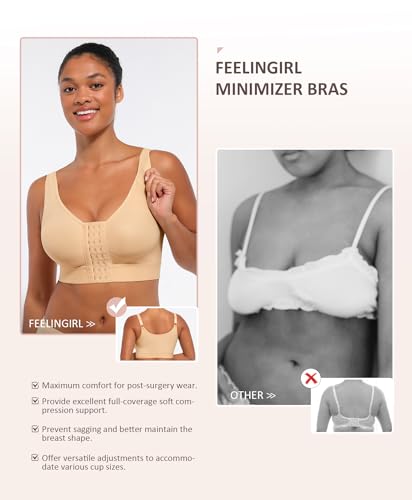 Image of FeelinGirl Minimizer Bras Post Surgery Compression Front Closure Bra Wirefree Mastectomy with Adjustable Straps