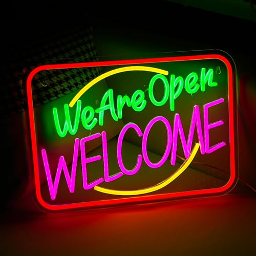 Image of Business We Are Open Neon Sign Welcome Wall Decor Neon Light Open Sign LED Light Sign Coffee Shop Bar Restaurant Salon Hotel Welcome Door Window Decor Sign USB 16.5 inchX11.8 inch